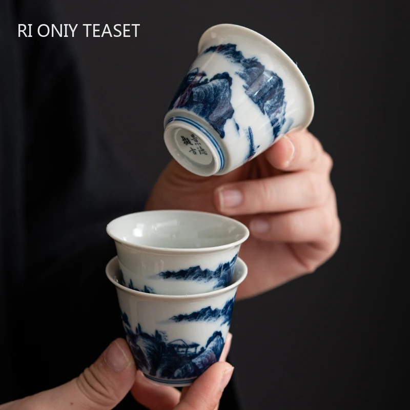 

1 Pc Jingdezhen Ceramic Teacup Chinese Handmade Blue and White Porcelain Tea Bowl Master Cup Meditation Cup Household Tea Set