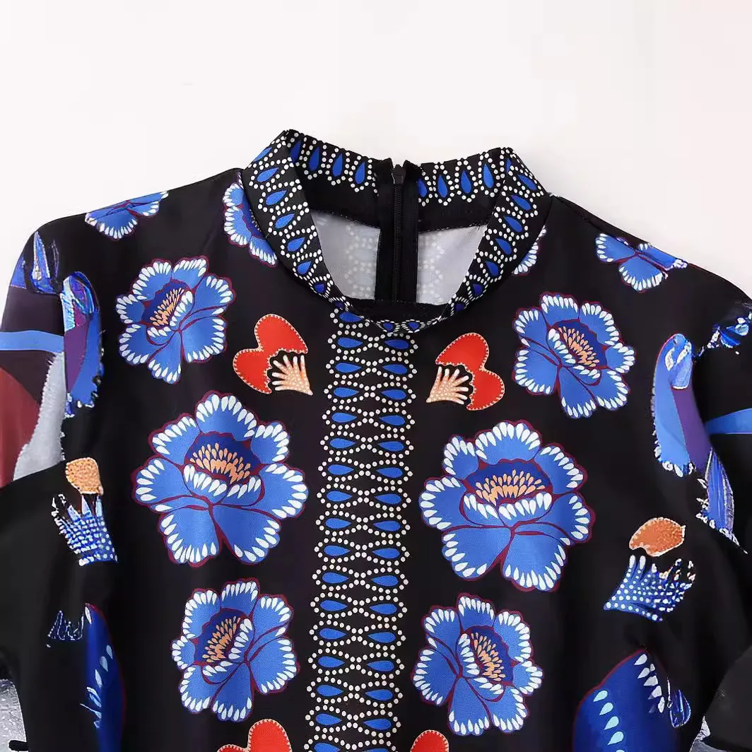 2026 Summer New Women's Fashion Round Neck Long Sleeve Printed Dress For Women Long Sleeve Dress With Ruffled High Neck TQ1D
