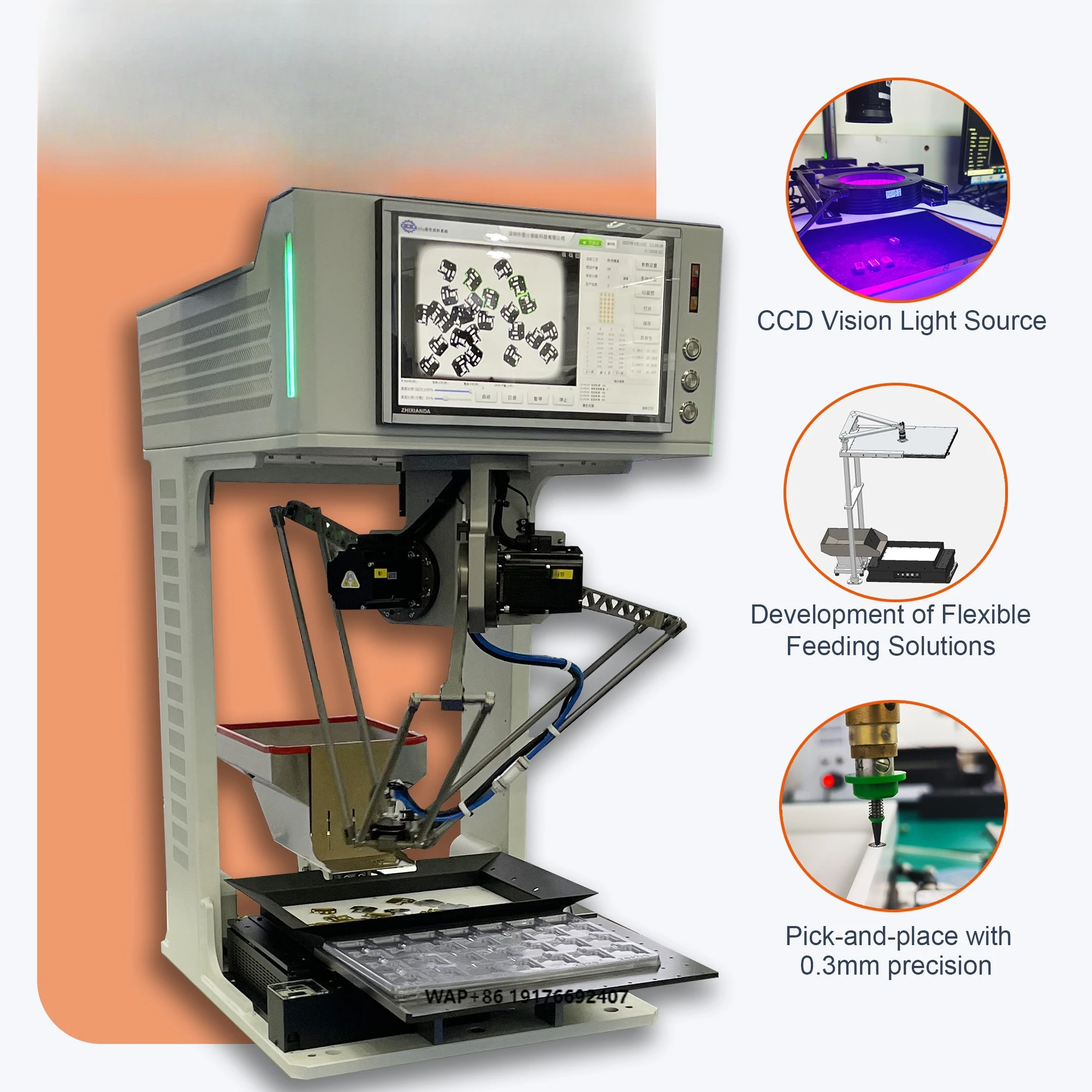 High Precision Industrial Robot Pick Place Machine Spider Arm Delta Robot 3-Axis Arm Vibratory Bowl Feeding Flexible Line PLC