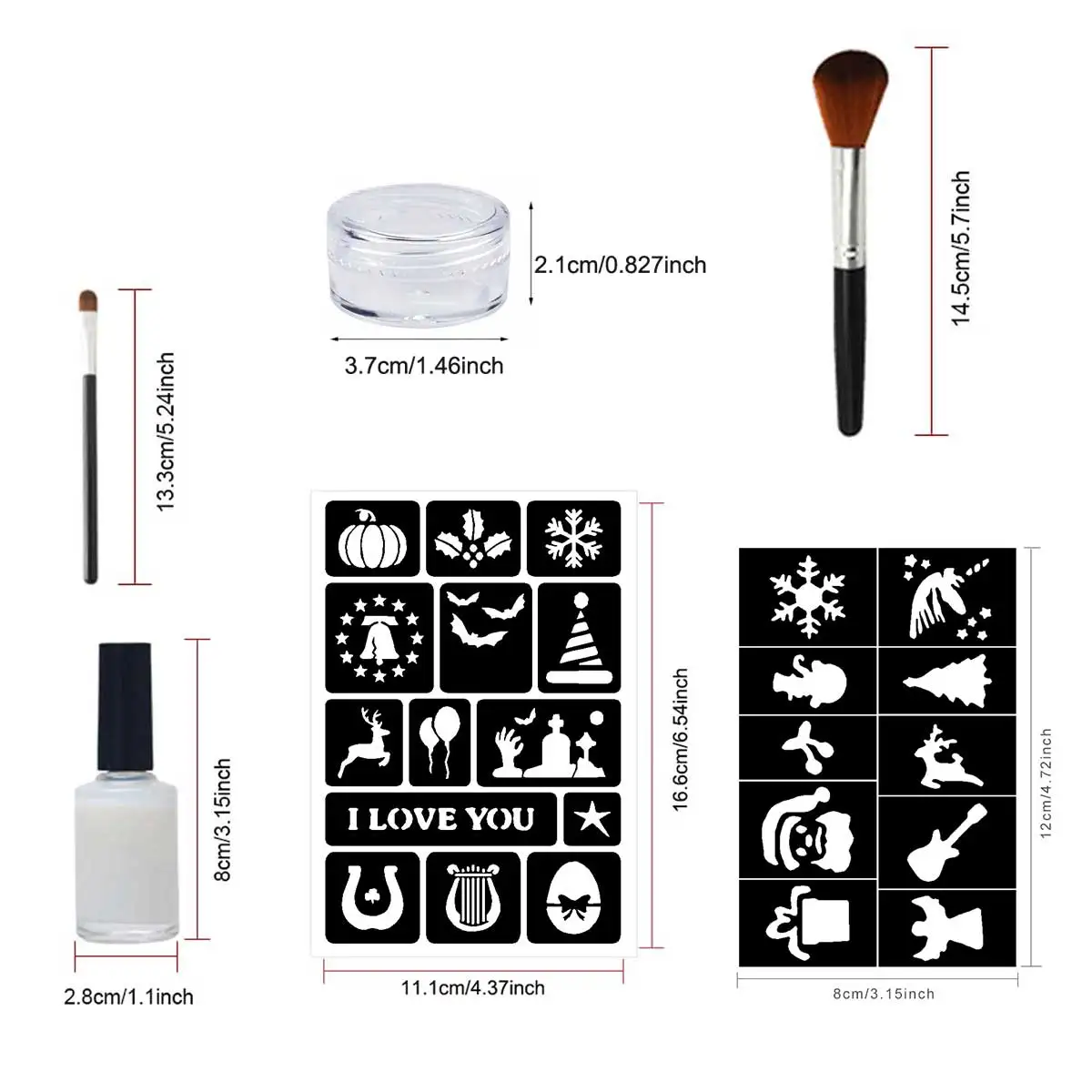 Temporary Glitter Tattoo Kit - 6 Bottles of Metallic Glitter Colors with 10 Free Designs of Various Patterns, Hollow Tattoo Templates for DIY Glitter Tattoos, Unique Tattoo Kit Box, 2 Brushes + 1 Bottle of Body Paint, 1 Instruction Manual, Long-Lasting, Can Be Used on Face, Body, Arm, Neck, Art, Masquerade, Homecoming Party, Christmas Theme, Etc. Gift Box Set
