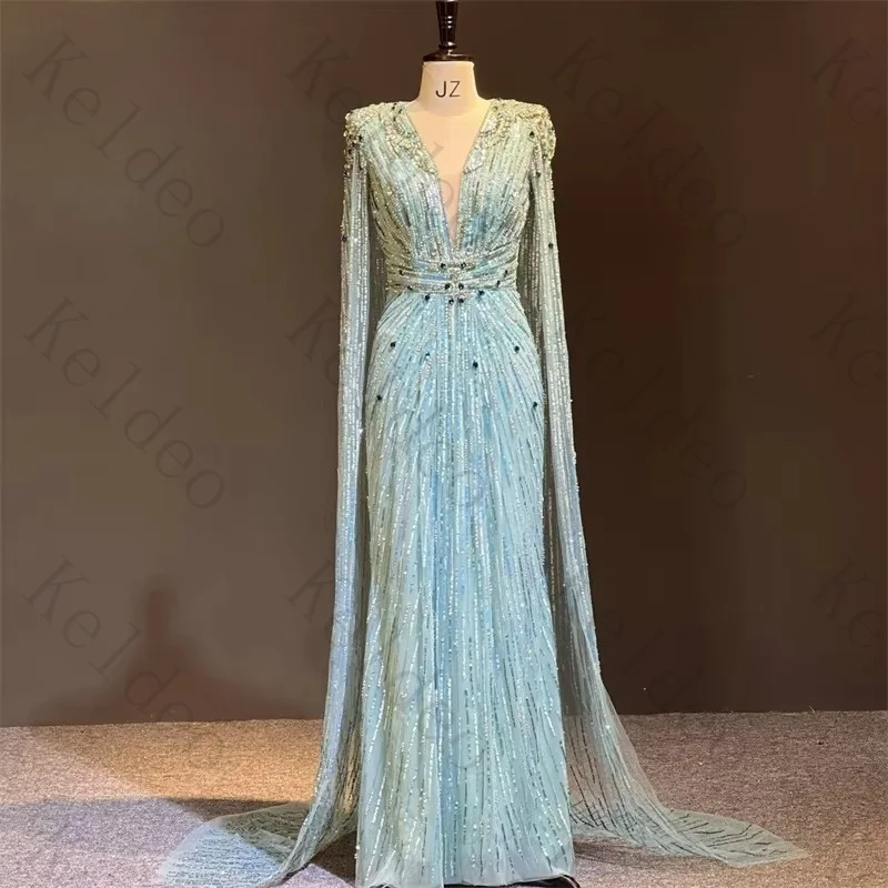 Customized Luxury Green Evening Gown Crystal Beaded Long Shawl V-Neck Mermaid Formal Dress for Wedding Prom Banquet Dinner Party