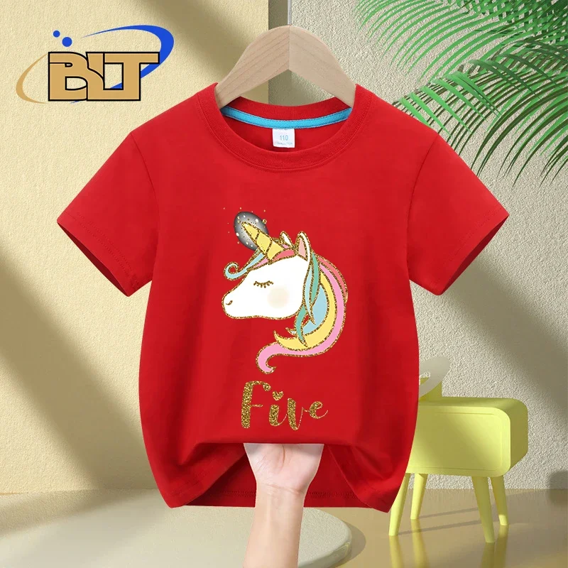 Unicórnio t-shirt para meninas, algodão, manga curta, casual, presente de aniversário, 5 ° aniversário, verão