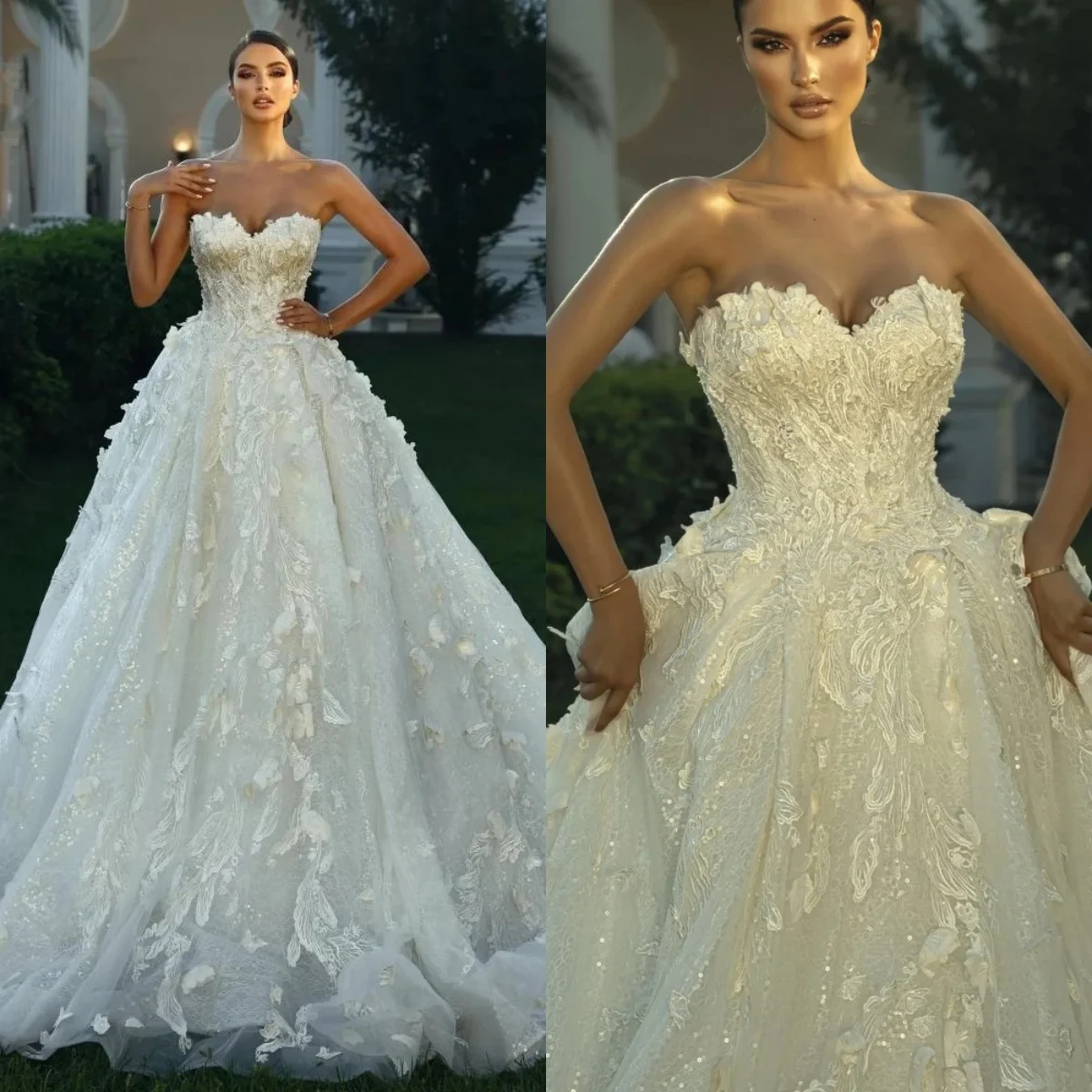 

Elegant A Line Women Wedding Dress Strapless Sleeveless Backless Bridal Gowns Lace Appliques Sweep Train Dress Customized