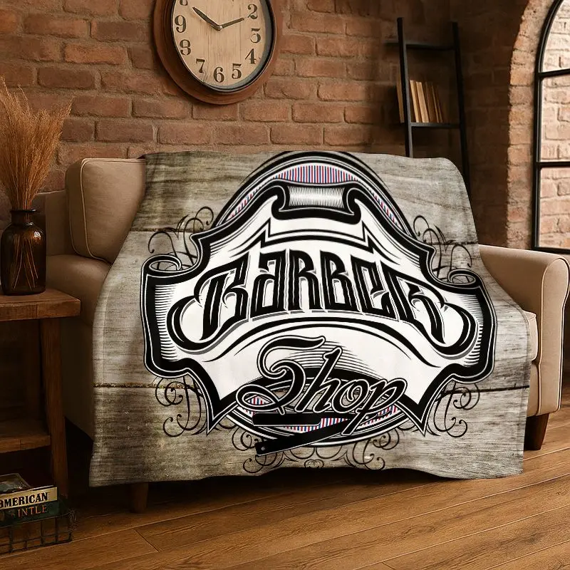 Retro Barber Shop Fashion Sign Flannel Blanket Soft Warm Throw Blanket for Bedroom Living Room Bed Travel Camping Picnic Cover