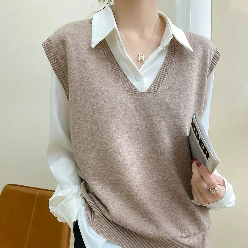 Ceco de punto de lana hoado para mujer, suéter con hombrera, nuevo estilo, sin mangas, versión coreana, suéter con hombr...
