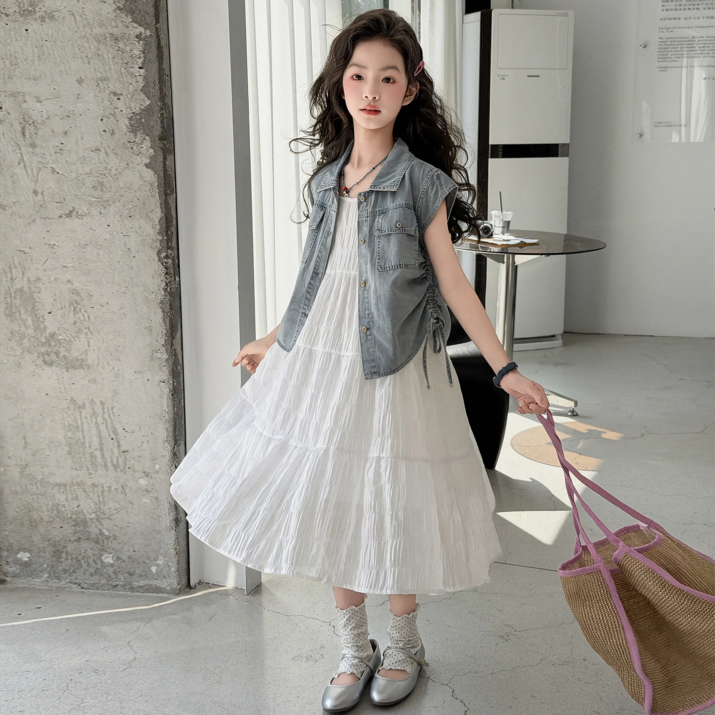 Girls Outfits For Girls Clothes Casual Denim Vest White Chiffon Tiered Suspender Dress 2 Piece Casual Everyday Set 6 9 13 Years