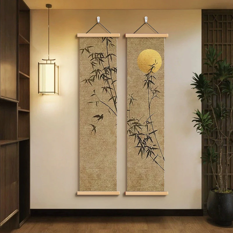 Zen Inspired Chinese Style Wall Art - Bamboo Painting on Canvas Solid Wood Scroll with Frame for Space Decor