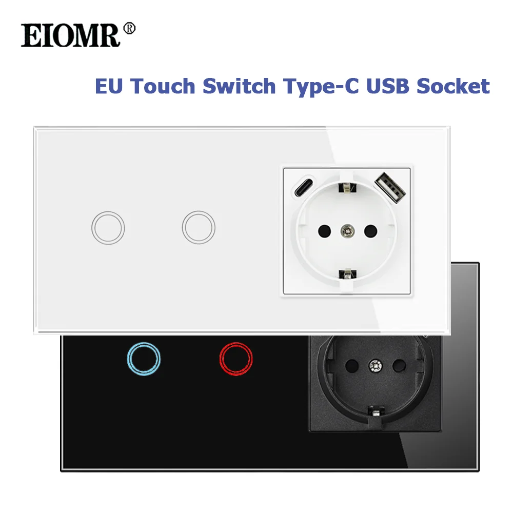 EIOMR EU Standard Touch Sensor Switch with Type-C USB Socket, Glass Panel 157*86mm, 220V 16A 1/2/3Gang Light Switch Wall Sockets