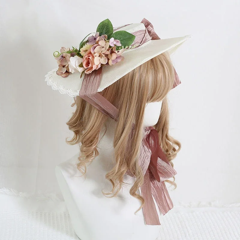 Lolita Flower Bow Elegant Flat Hat Weaving Top Hat Bowknot Wedding Tea Party Banquet Pastoral Straw Hat Lace Dress Accessories