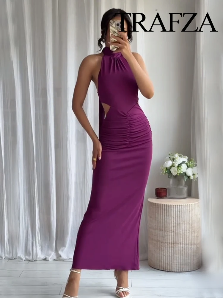 

HH Woman New Fashion Halter Neck Purple Pleated Bow Decoration Midi Sleeveless Dress Female Elegant Crop Backless Sexy Dress