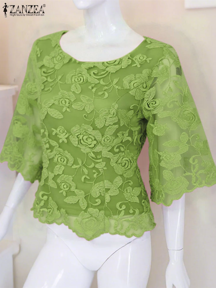 

ZANZEA Lace Tops Summer See Through Mesh Blouse Women Casual Flare Sleeve Tunic 2025 Beach Blusas Vintage Floral Pullovers