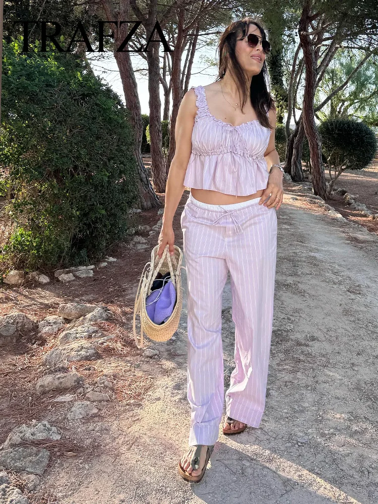 TRAFZA Female Pants Suits Purple Sleeveless Lace-Up Folds Top+Mid-Waist Bow Pocket Buttons Wide Leg Pants Woman Streetwear TRAF