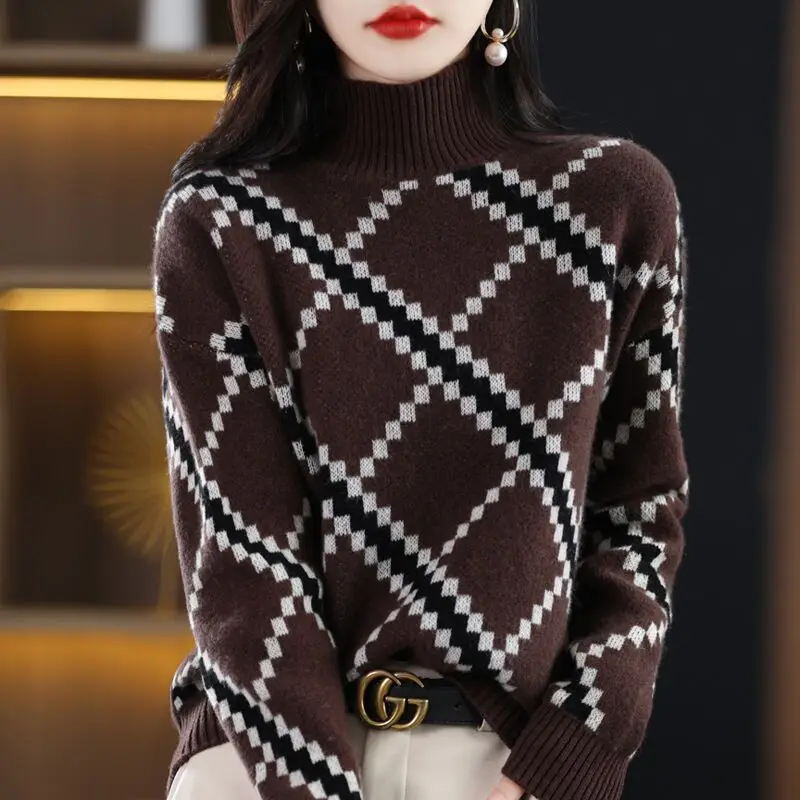 Women Chic Striped Fashion Loose Thick Sweaters Winter Long Sleeve Plaid Jacquard Woollen Sweater New Knitted O-neck Pullovers