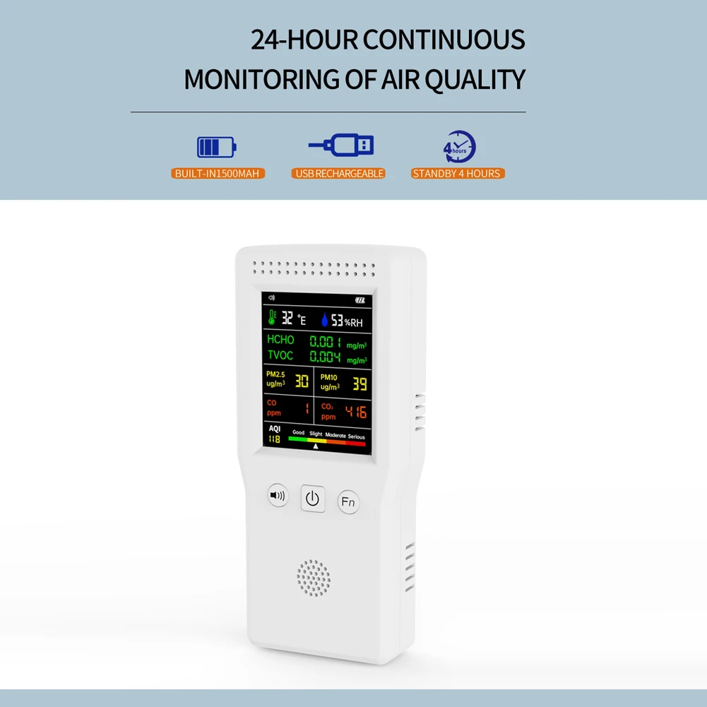 CO2 Meters Air Quality Detector 9 In 1 Temperature Humidity PM2.5 PM10 HCHO TVOC CO CO2 AQI with Backlight LCD Color Display