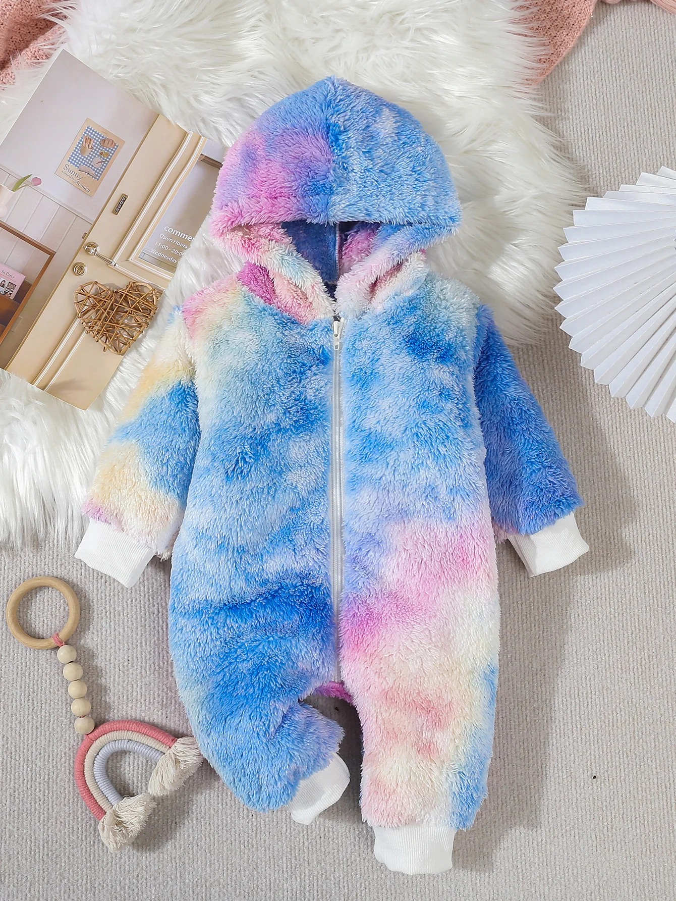 Autumn Winter Adorable Baby Girl Dyed Double-Faced Flannel Long Sleeve Romper Baby Fur Hooded Crawling Suit