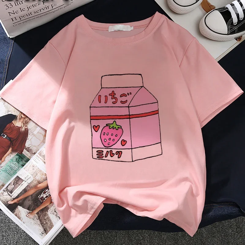 Japan Strawberry Juice Graphic Print T-shirt Women 2021 New Summer Fashion Tshirt Tee Harajuku Aesthetic Pink Top Female T Shirt