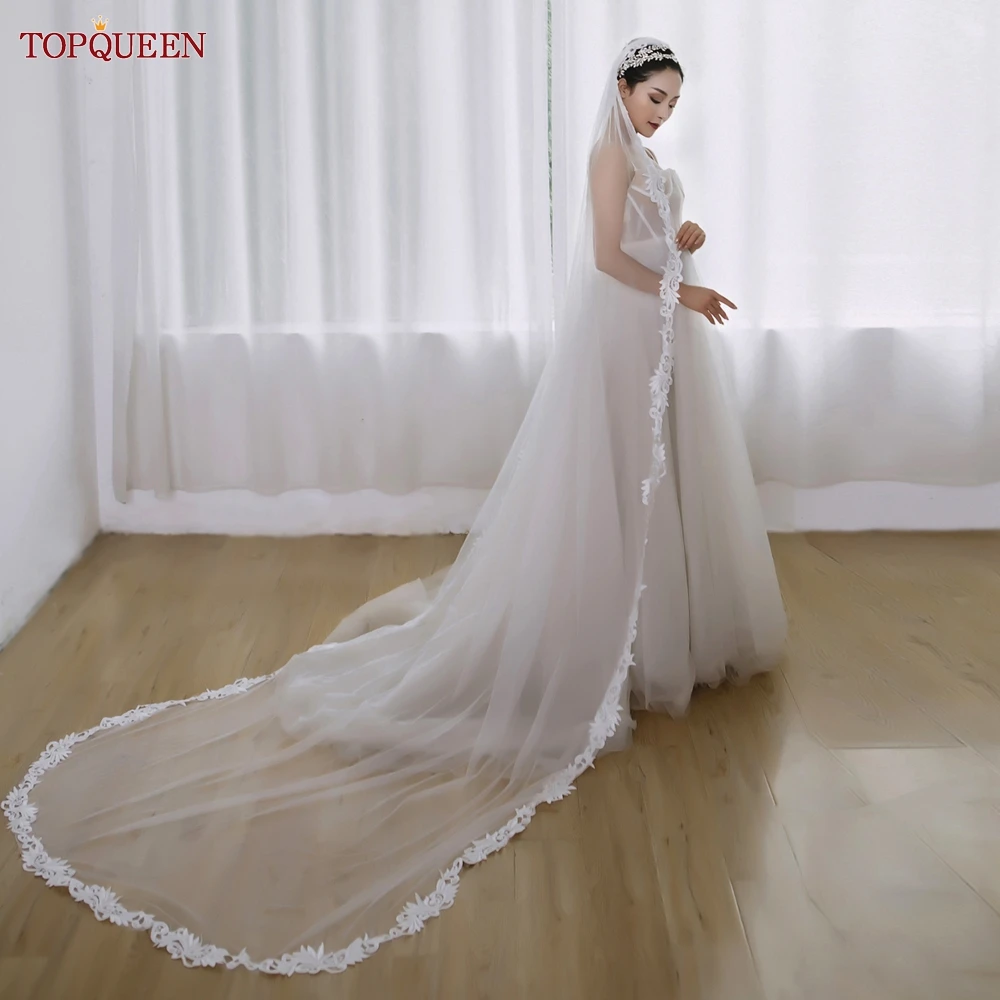 TOPQUEEN Classic Embroidery Lace Multi Size Bridal Veil Soft Nylon Tulle Long Church Wedding Veil Wedding Dress Accessories V81