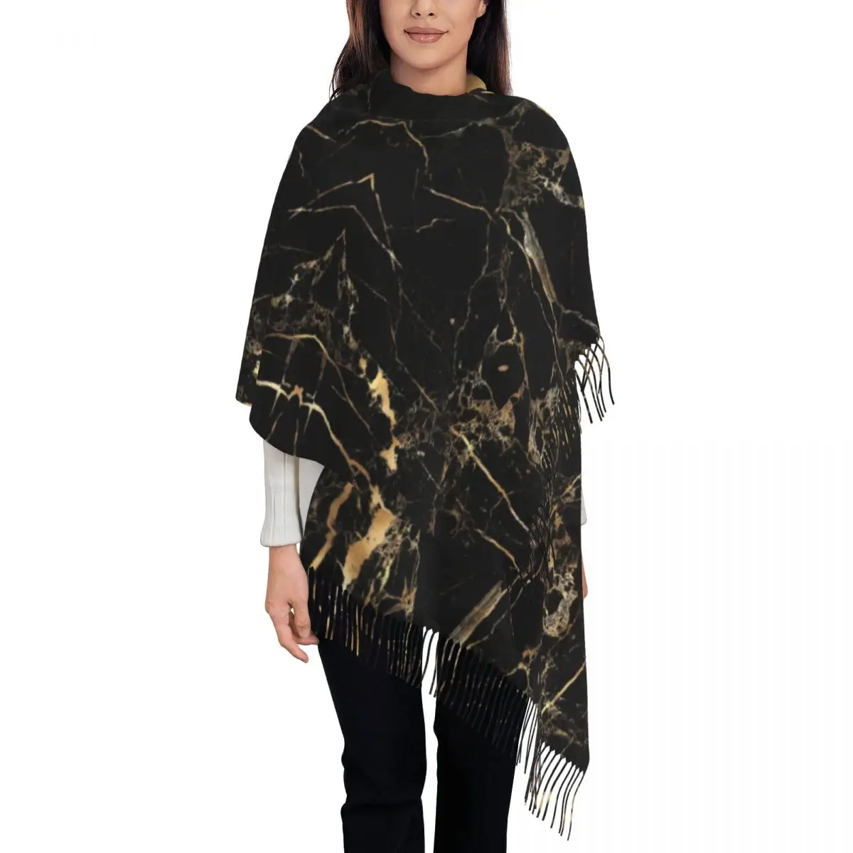 Black Marble Gold Veins Scarf Wrap Women Long Winter Fall Warm Tassel Shawl Unisex Modern Geometric Scarves