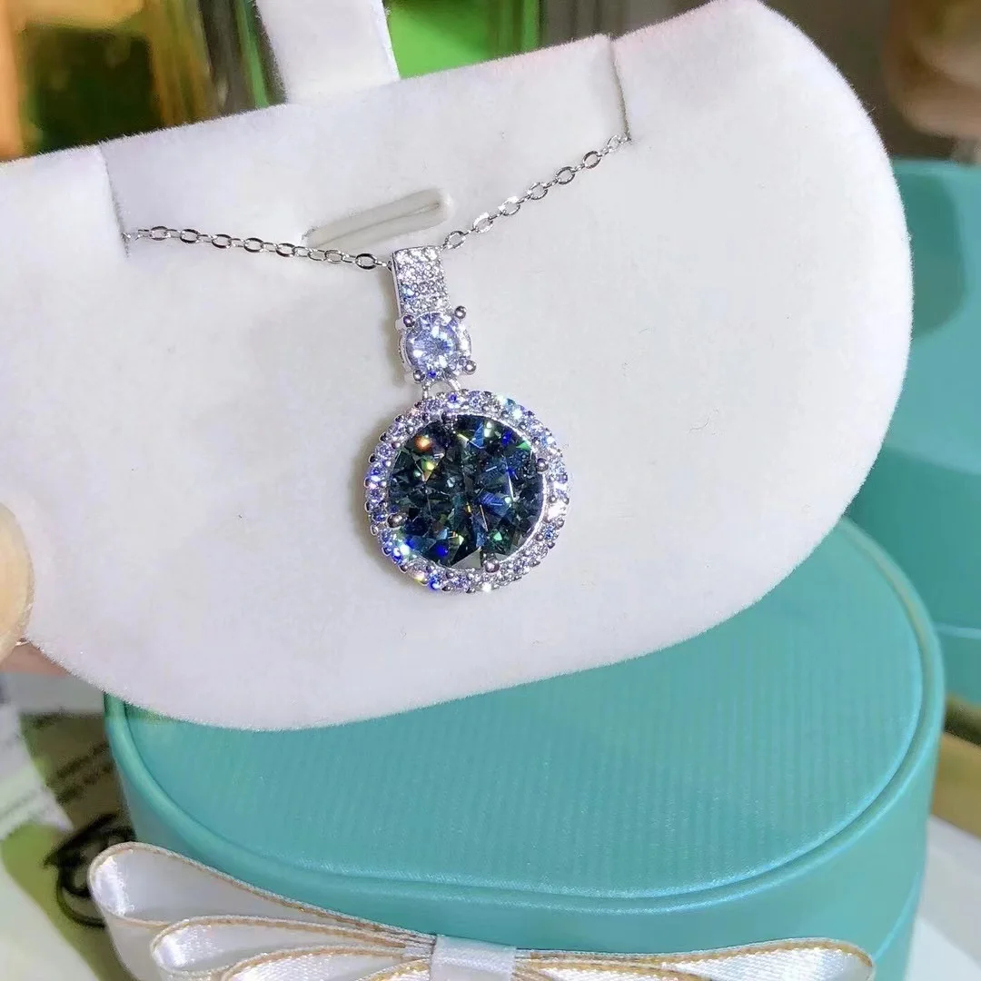 D Color 5CT Blue Green Moissanite Pendant Micro Paved Bezel, 925 Silver Gold Plated Collarbone