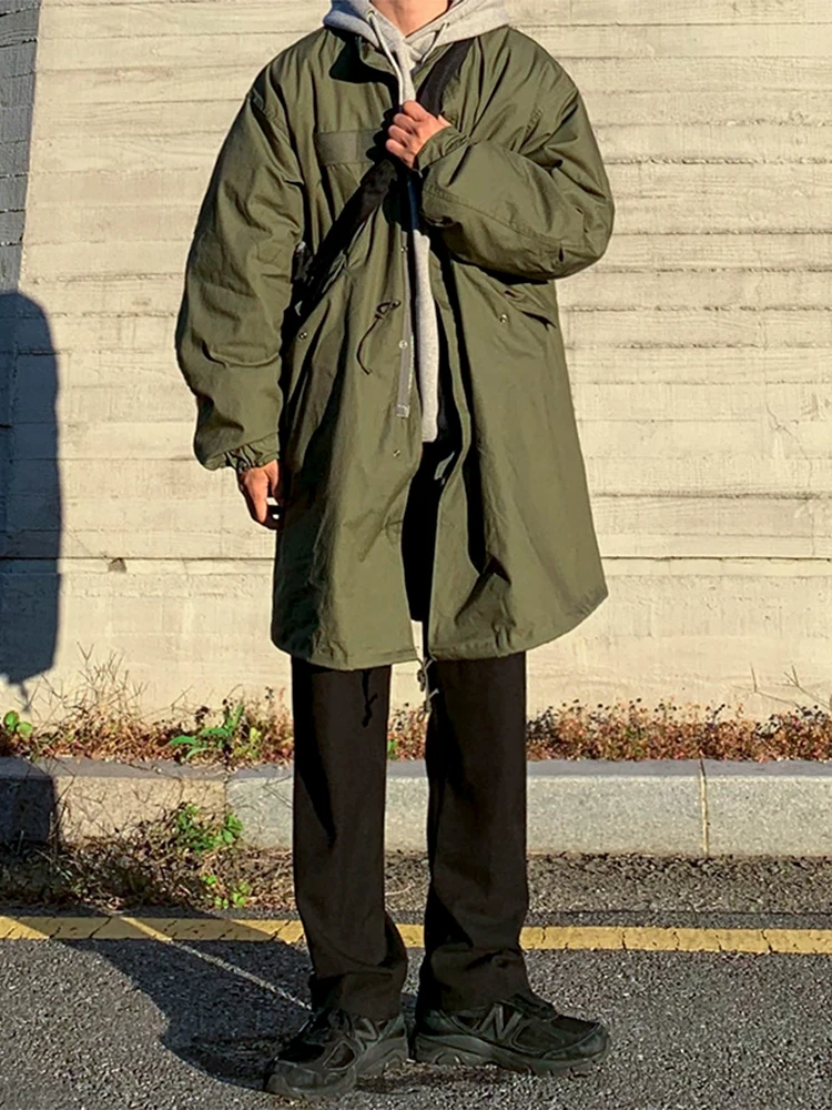 MRCYC 겨울 두꺼운 코튼 재킷 남성용 한국 스타일 루즈핏 캐주얼 롱 코트 청년 트렌디 지퍼 클로저 솔리드 컬러