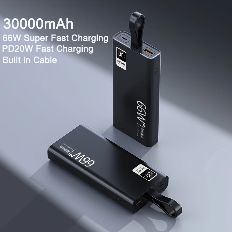 

New Power Bank 30000mAh Portable External Battery Charger With Cable Fast Charging Powerbank for iPhone 14 Samsung Xiaomi Huawei