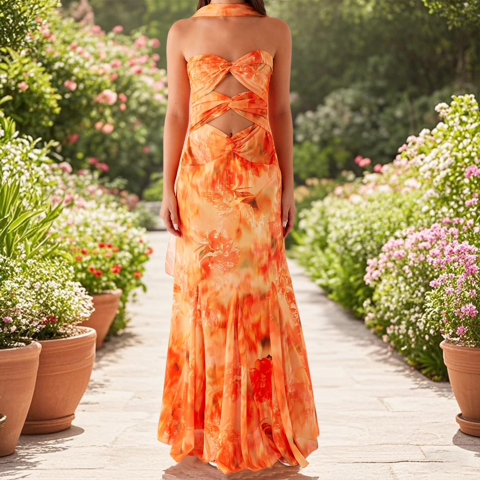 Robe longue bustier tubulaire pour femmes, épaules dénudées, sans manches, queue de poisson, moulante, avec écharpe, offre spéciale S M L, nouvelle collection