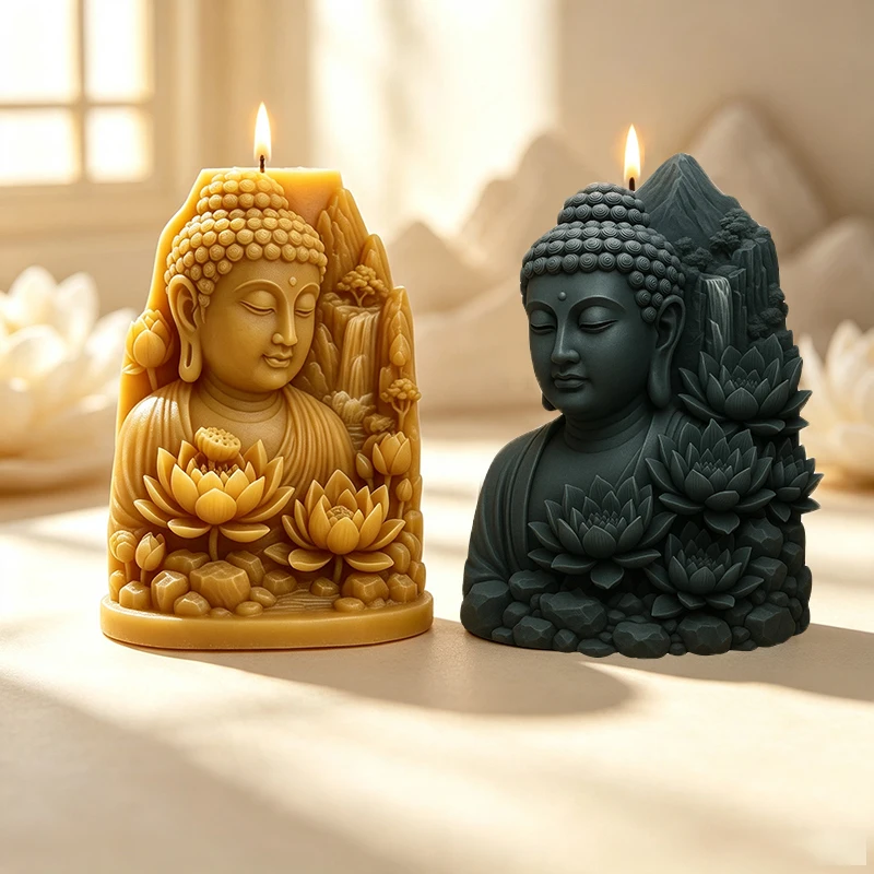 Buddha Statue Lotus Flower Candle Silicone Mold DIY Handmade Aromatherapy Candle Soap Epoxy Resin Gypsum Making Molds