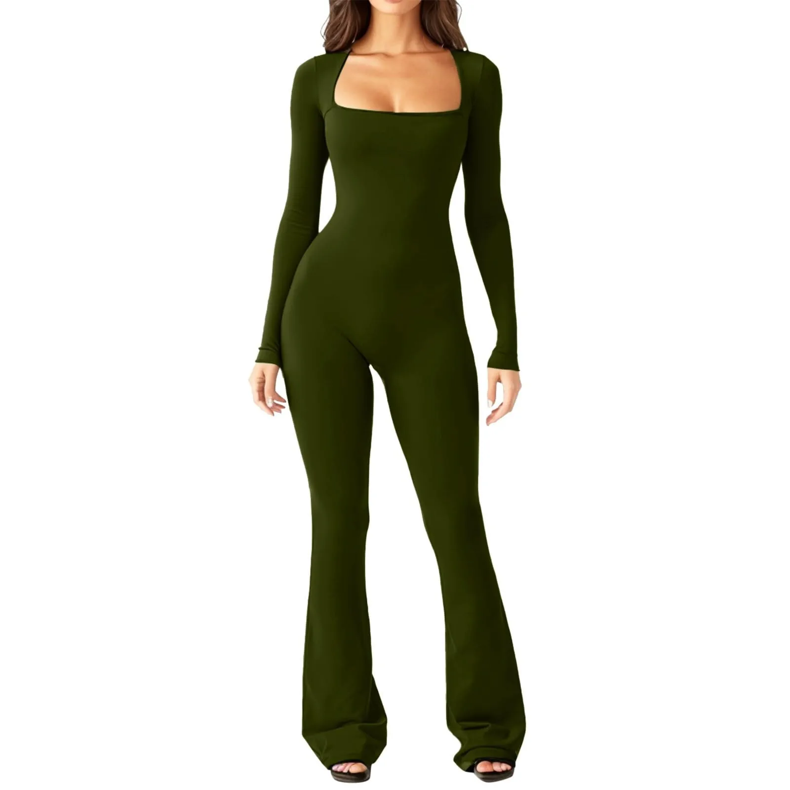 Square Neck Bodycon Jumpsuit Buttocks Lifting Women Long Sleeve Jumpsuit Tight-Fitting Basic Bodysuit Casual Style Daily Outfit