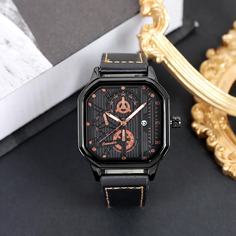 

Мужской черный кожаный ремень, модные кварцевые часы с тремя глазами и указателем.