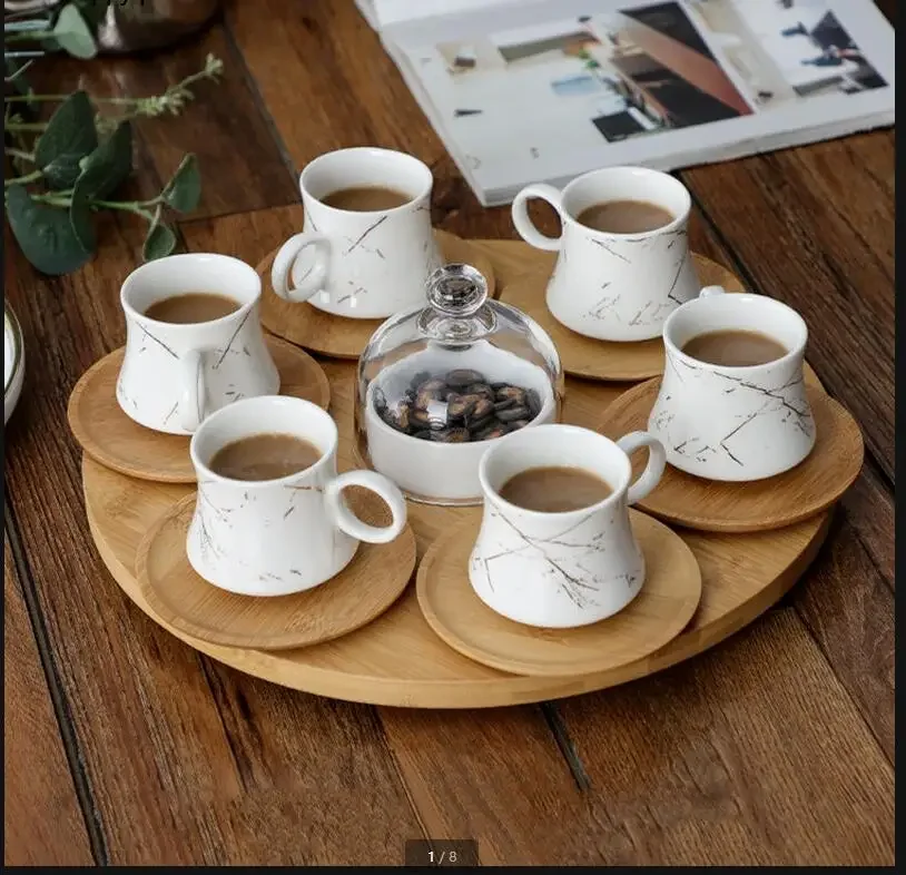 Ceramic Coffee Cup and Saucer Set Wooden Pallet Concentrate 6-piece Glass Cover Snack Bowl Afternoon Tea Sets