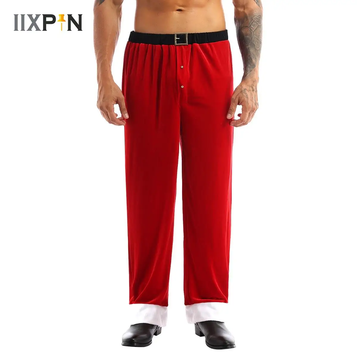 Adult Mens Christmas Pants Party Cosplay Santa Claus Long Pants Red Soft Velvet Loose Trousers Pants Carnival Role Play Costume