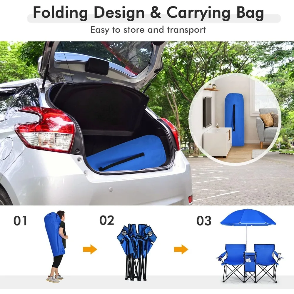 Double Camping Chair, Folding Camp Chair with Removable Umbrella, Cup Holders, Cooler Bag, Side Pocket & Carry Bag, 2-Person