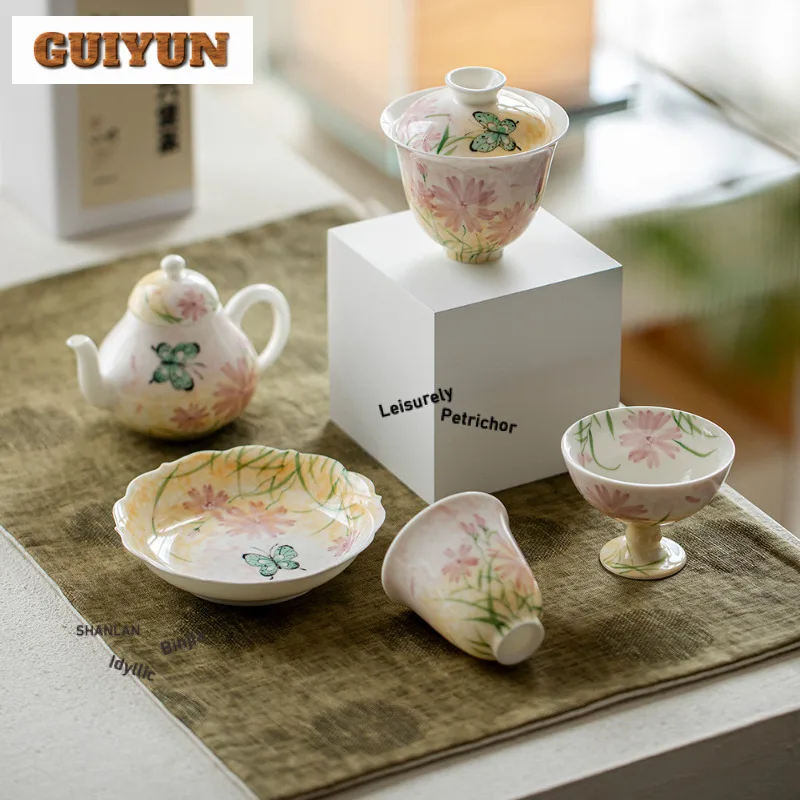 2 قطعة/الوحدة رسمت باليد فراشة وزهرة فنجان الشاي وعاء الشاي القديم إبريق الشاي تذوق كوب شخصي Chazhan ماستر أكواب للشاي 70 مللي