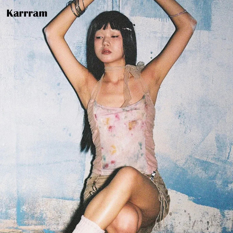 

Karrram Japanese Y2k Lace Halter Tops Vinatage 2000s Butterfly Tattoo Print Camisole 90s Harajuku Backless Pink Tank Top Fairy