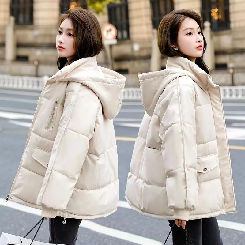 New Simple Short Korean Loose Warm Cotton Coat Thick Bread Coat 2023 Winter Student Versatile Rose Red Fashion Women's Wear