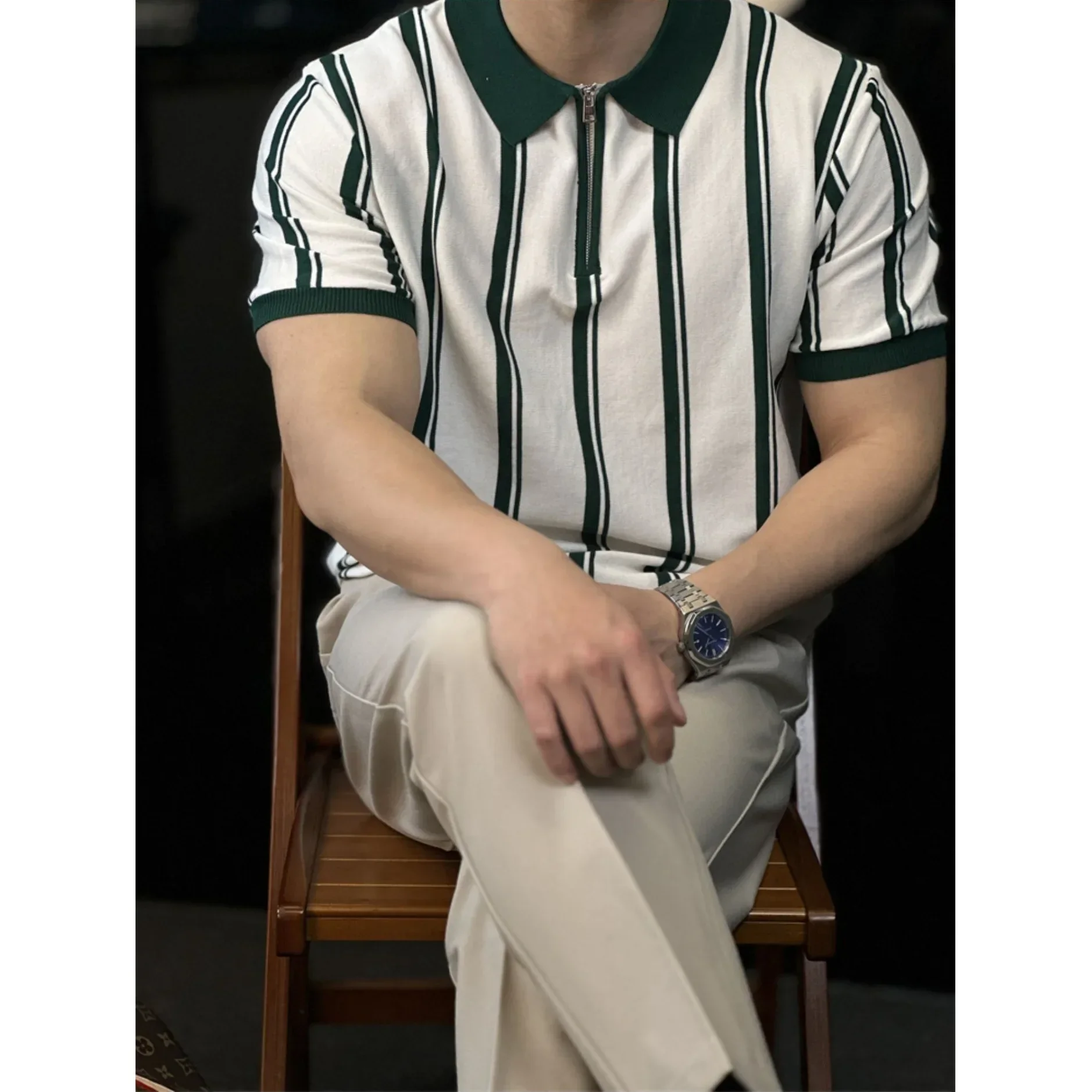 Pop Summer New Fashion Men's Knitted Ice Silk Short Sleeve Turn-dwon Collar T-shirts Casual Trendy Half Zipper Striped T-shirts