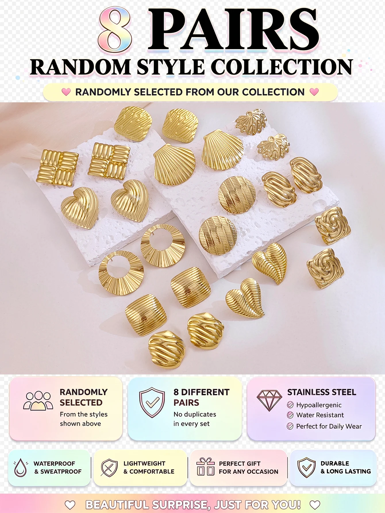 8 Pairs Random Style Stainless Steel Stud Hoop Heart Earrings Set, Rich Variety Jewelry for Women, Hypoallergenic Lightweight