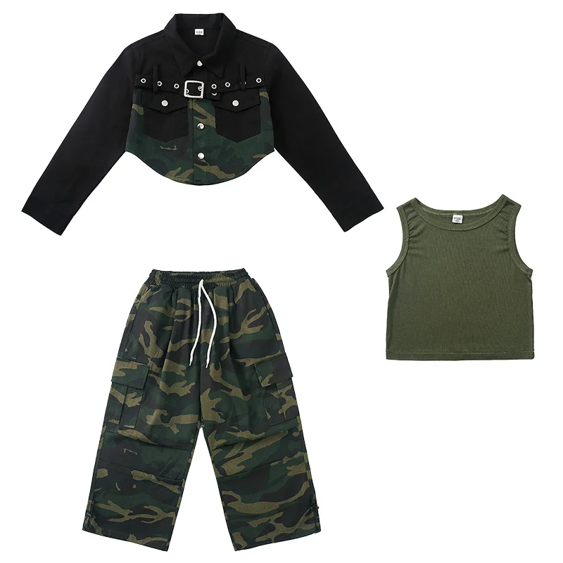 Kid Cool Hip Hop Clothing Black Shirt Crop Top Camouflage Casual Wide Pockets Cargo Pants for Girls Jazz Dance Costume Clothes