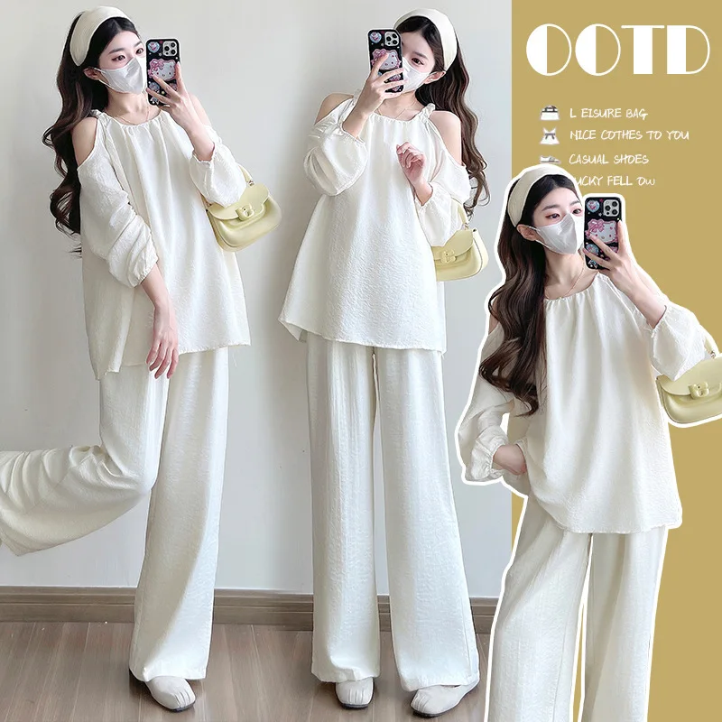 Traje de maternidad 2025, otoño, estilo francés, elegante, minimalista, perezoso, cuello redondo, Top con hombros descubiertos y pantalones de pierna ancha, conjunto de dos piezas