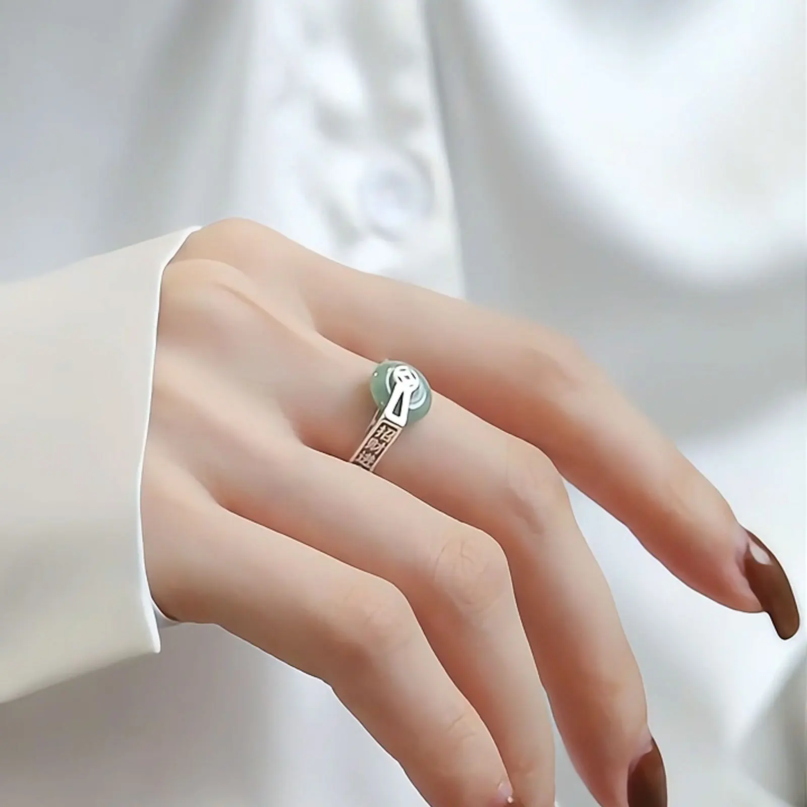 Retro silver 925 copper coin rings for women fresh natural jade round buckle rotatable ring ethnic style fine jewelry gifts - view 2