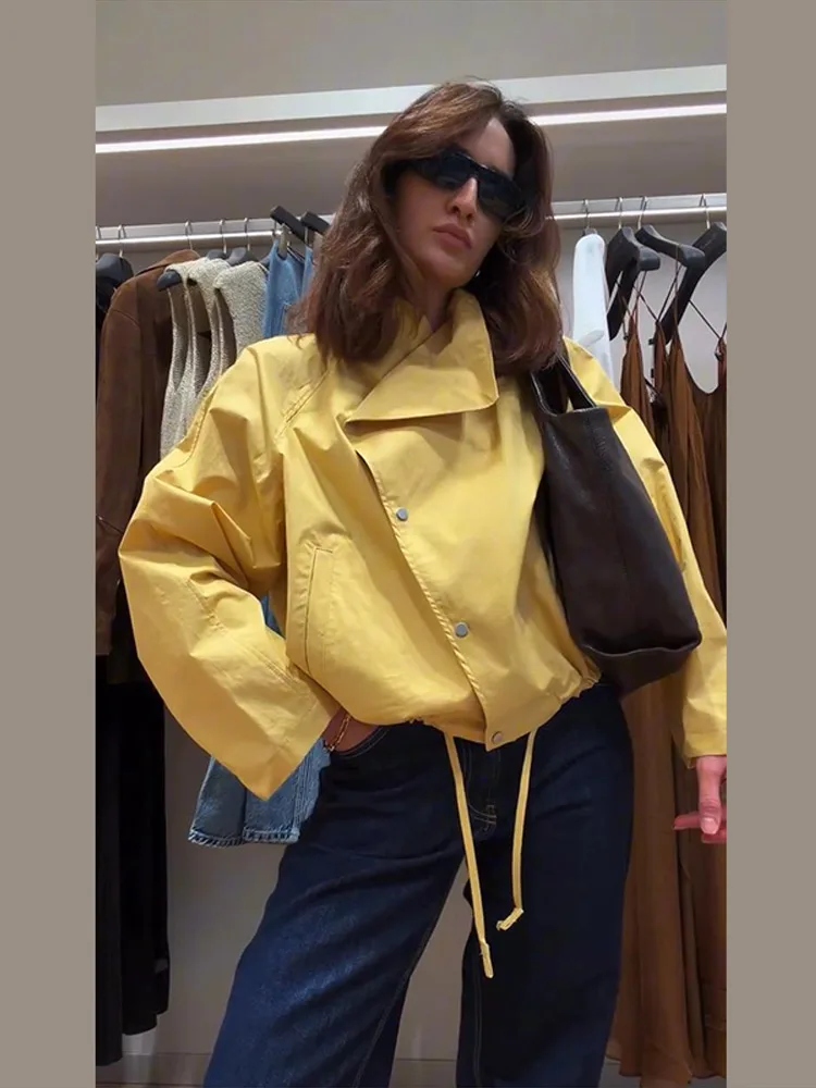 Stehkragen-Jacke mit Seitenverschluss und Kordelzug am Saum, Oversize-Jacke für Damen, Streetwear, Langarm, Einreihig, Lockerer Mantel, Neue Damen-Oberbekleidung – Detail 17