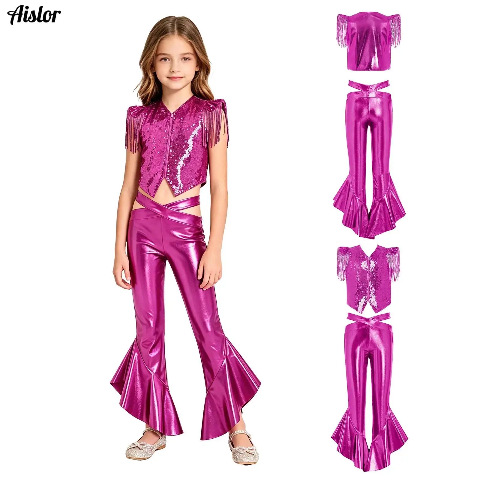 

Детский комплект одежды для девочек в стиле хип-хоп и джаз: топ с бахромой и рукавами-крылышками, укороченный топ для дискотеки с расклешенными брюками, костюм для выступлений в стиле черлидинг