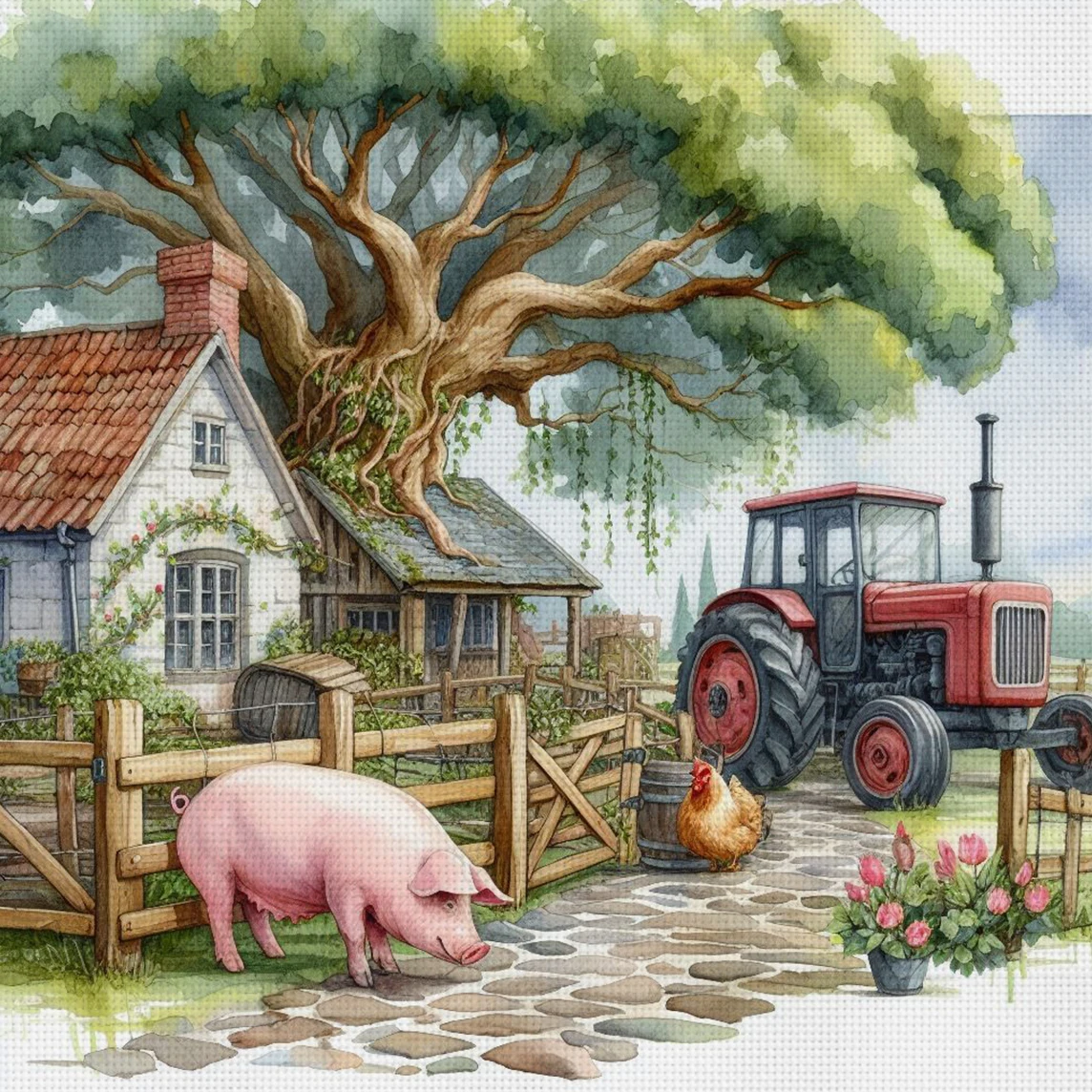 Farmyard Charm Kreuzstich-Set zum Selbermachen, 11CT-Stickerei, Heimwanddekoration, Geschenk, handgefertigtes Material, rahmenlos, halbfertig, 36 x 36 cm