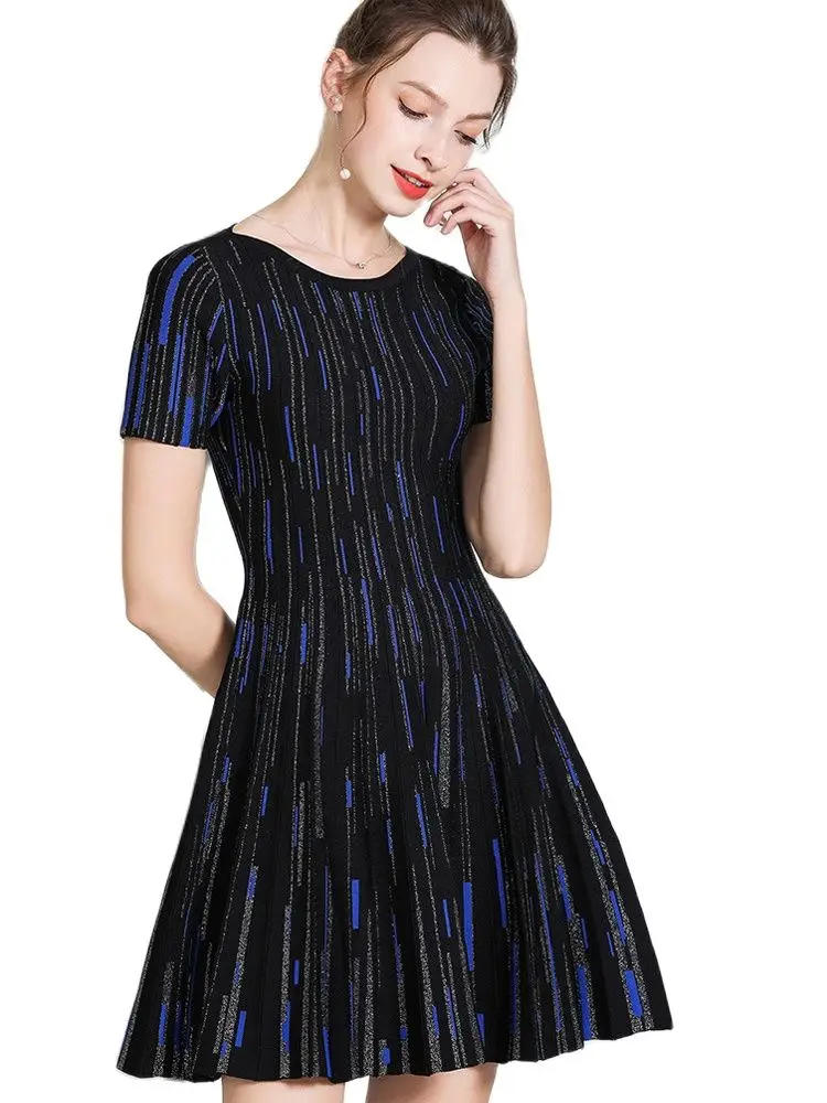 Micosoni Italian Style High Women\'s Digital Vertical Stripes Sweater Dress Bright Silk Short Sleeve Slim A-line Knit Blue S-XL