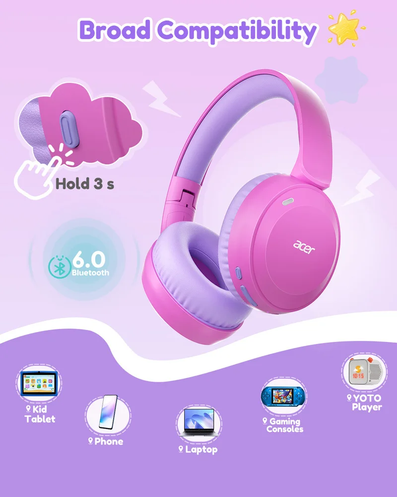 Acer OHR668 Kids Bluetooth 6.0 Headphones 85/94dB Volume Limiter Foldable Wireless Over-Ear Headphones 60H Playtime Built-in Mic