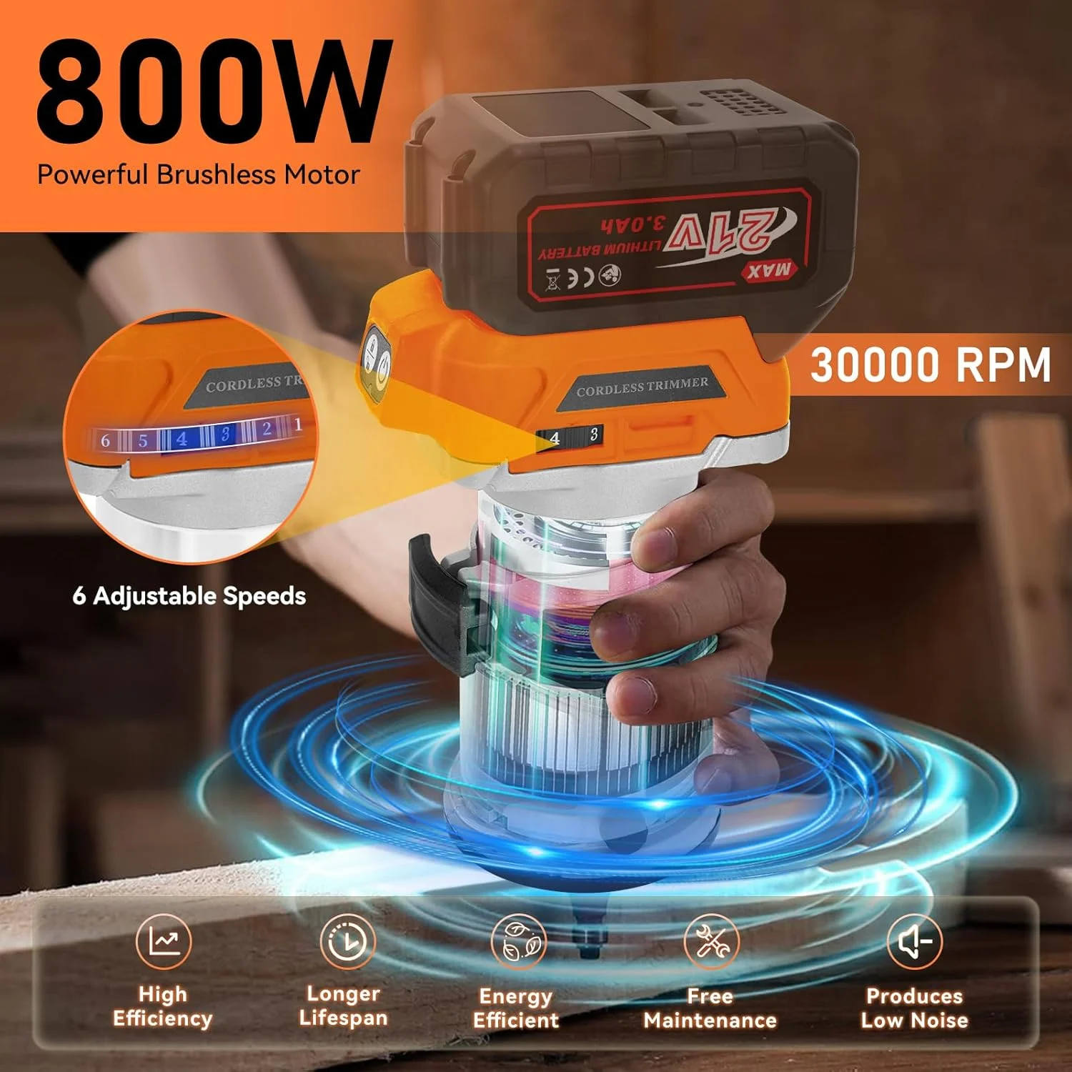 800W 6 Speed Brushless Cordless Trimmer Wood Router Tool Milling Engraving Slotting Machine Trimmer for Makita