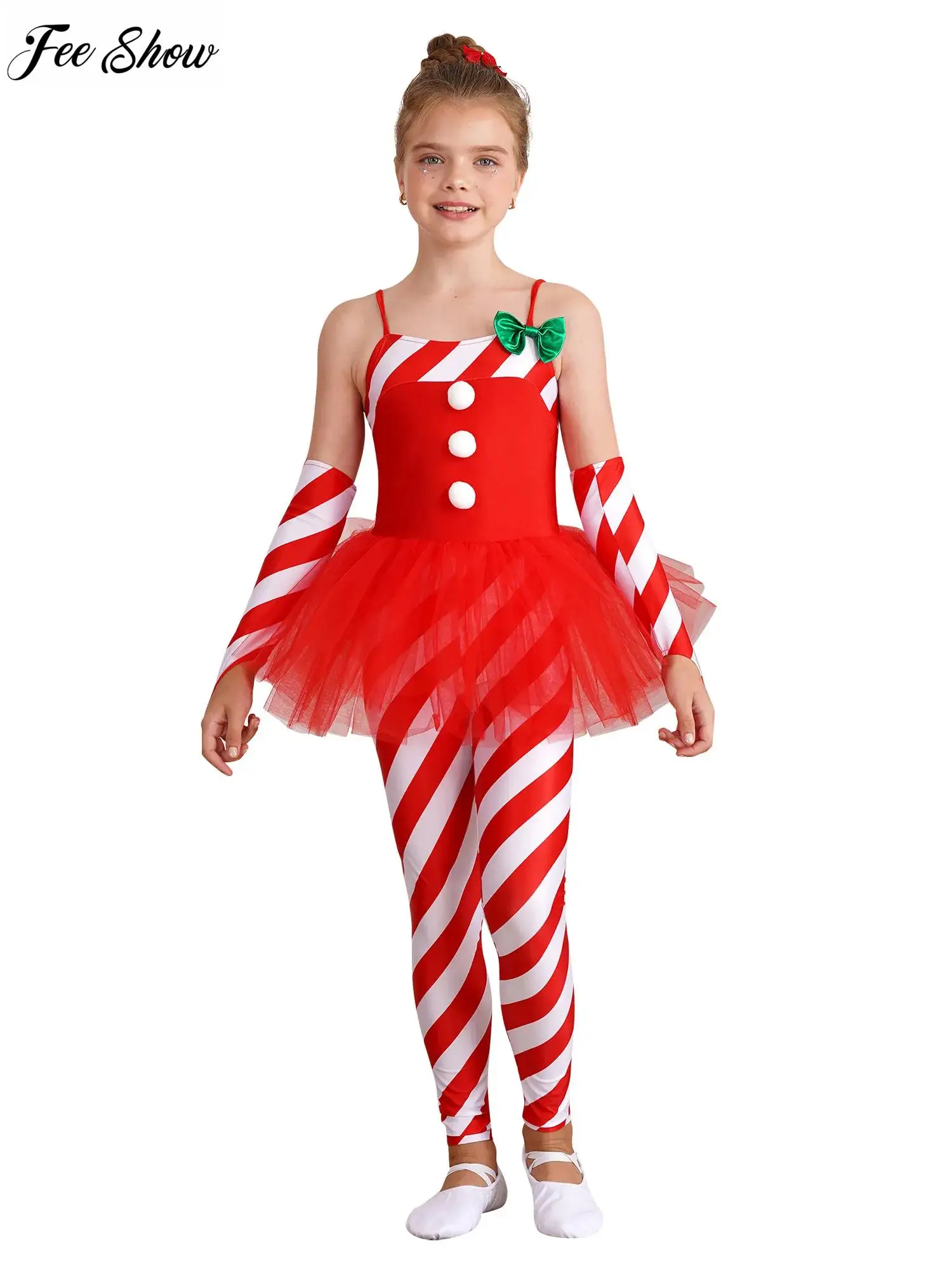 

Kids Girls Candy Cane Costume Santa Claus Christmas Dancewear Stripes Print Tulle Peplum Long Jumpsuit with Arm Sleeves