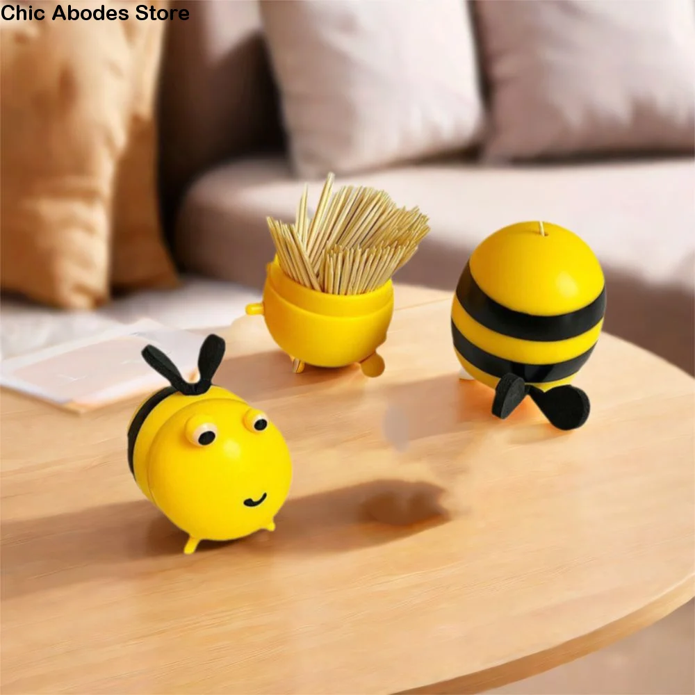 

2Pcs Cartoon Design Bee Shape Toothpick Box Plastic Cute Little Bee Toothpick Jar Moisture-proof Portable