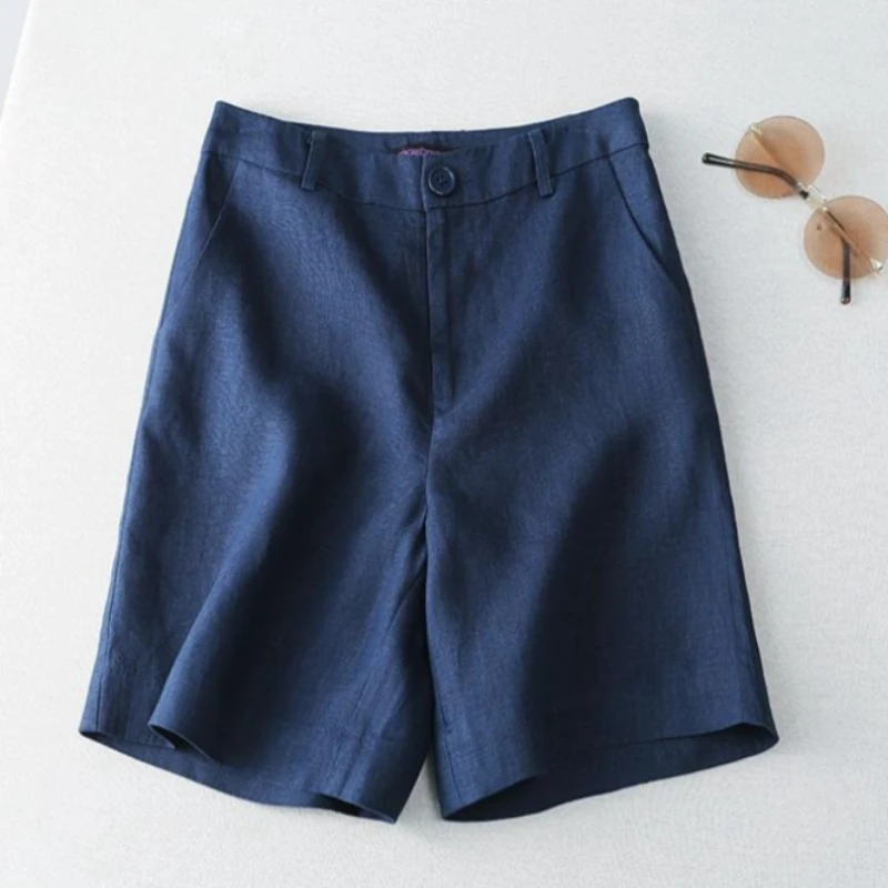 Women's Linen Shorts Mid-Waist Knee-Length Wide-Fit Bermuda Short Pants Korean Style Summer Streetwear Aesthetic Hot