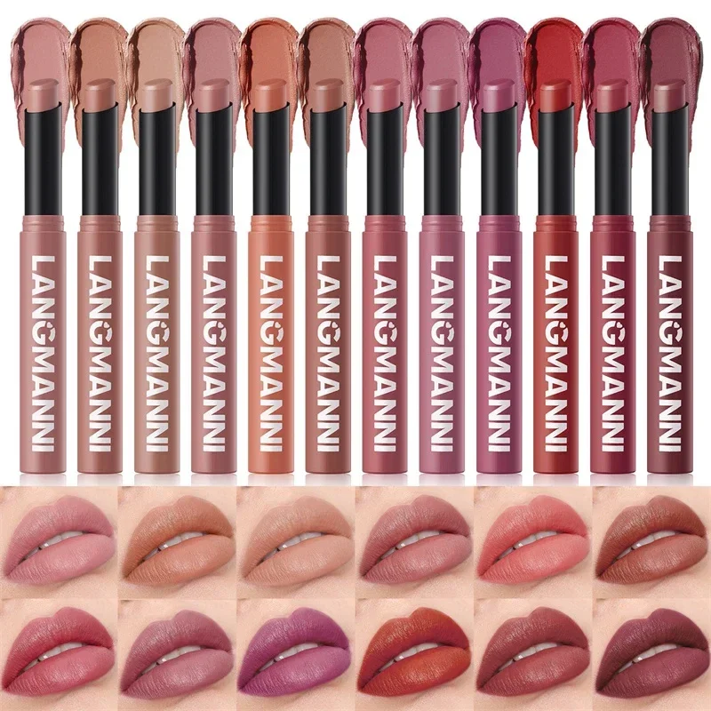 Matte Lipstick Non-Stick Cup Long-Lasting Velvet Finish Lipstick Pen Smooth Matte Lip Color Waterproof Non-Fading 12 Colors Nude